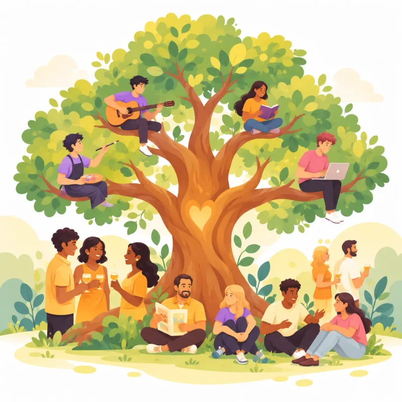 People gathered around a big tree: artists playing guitar, painting, reading and working in its branches, and friends talking together below.
