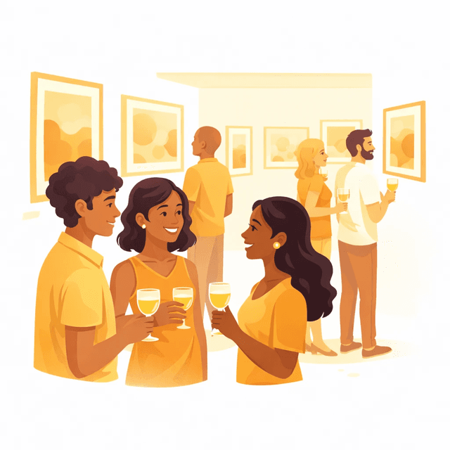 Illustration of people talking at a gallery opening.