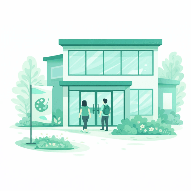 Illustration of a community arts building with people arriving.