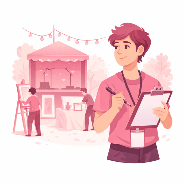 Illustration of an organiser with a clipboard at an outdoor event.